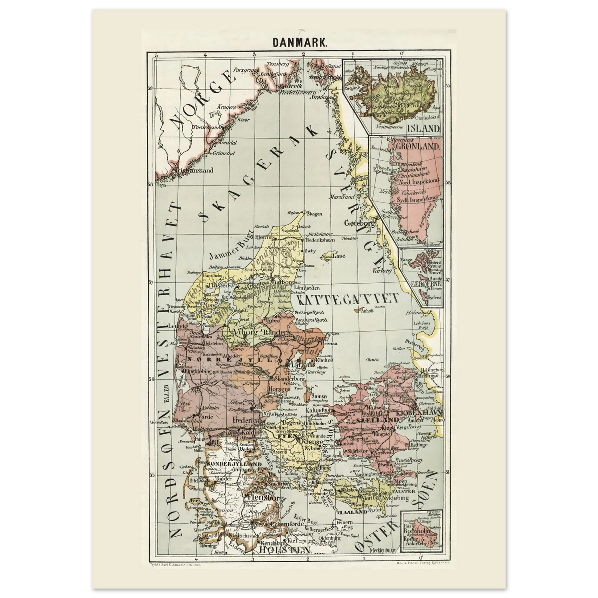Historical Denmark map poster with North Atlantic inset maps of Greenland, the Faroe Islands and Iceland, 50 × 70 cm.