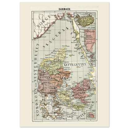 Historical Denmark map poster with North Atlantic inset maps of Greenland, the Faroe Islands and Iceland, 50 × 70 cm.