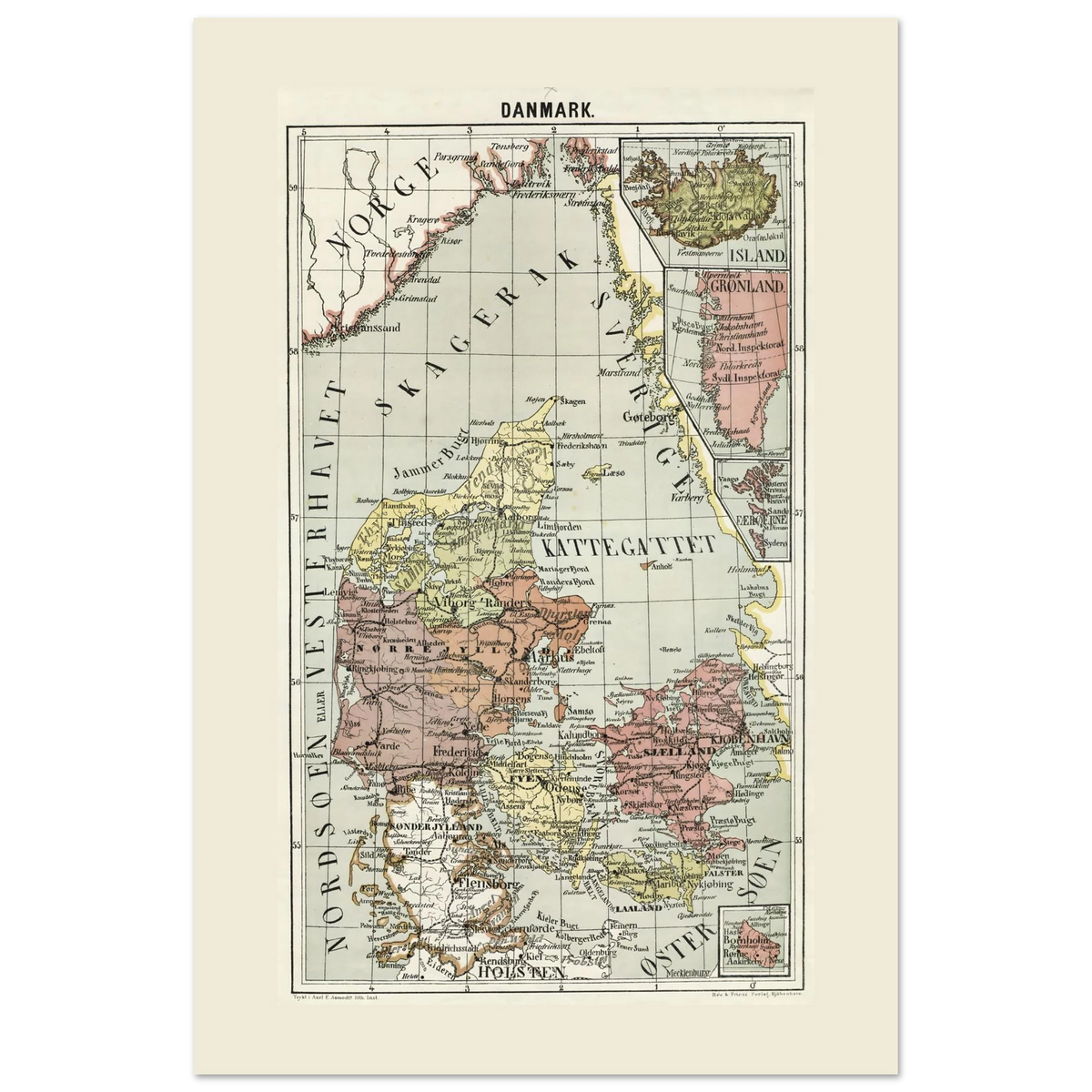 Denmark map print with Greenland, the Faroe Islands, Iceland and Bornholm, 60 × 90 cm format.