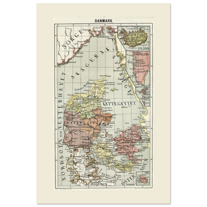 Denmark map print with Greenland, the Faroe Islands, Iceland and Bornholm, 60 × 90 cm format.