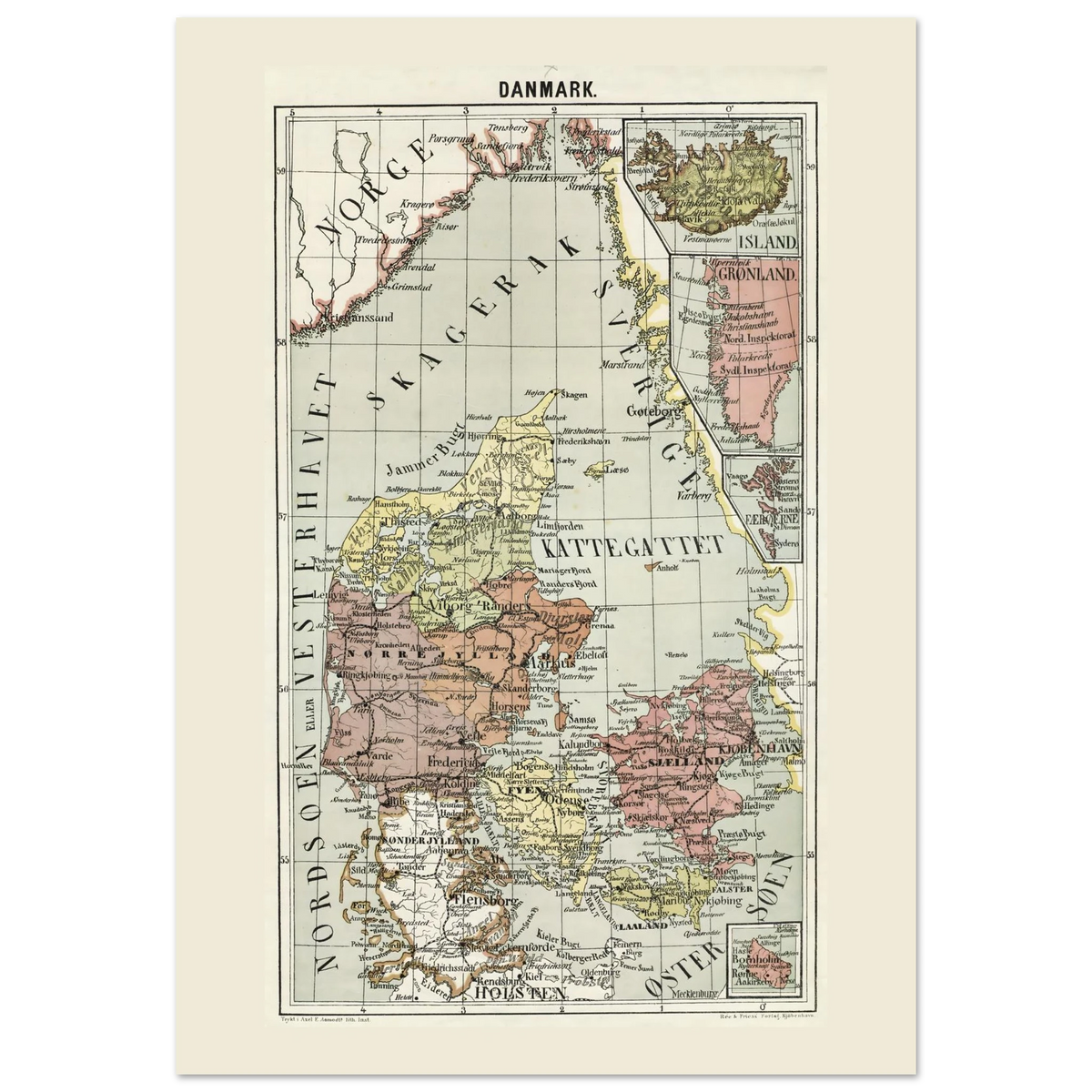 Historic Denmark map poster from 1878 with inset maps of Iceland, Greenland, the Faroe Islands and Bornholm, shown in the 70 × 100 cm format.