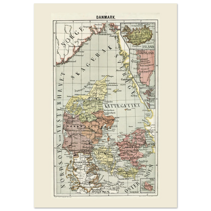 Historic Denmark map poster from 1878 with inset maps of Iceland, Greenland, the Faroe Islands and Bornholm, shown in the 70 × 100 cm format.