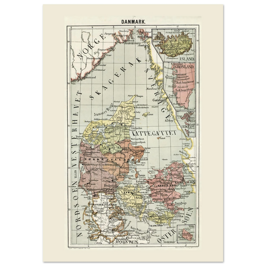 Historic Denmark map poster from 1878 with inset maps of Iceland, Greenland, the Faroe Islands and Bornholm, shown in the 70 × 100 cm format.