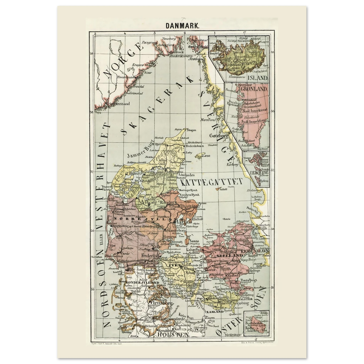A3 historical Denmark map print with separate inset maps of Greenland, the Faroe Islands, Iceland and Bornholm.