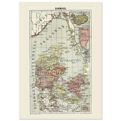 A3 historical Denmark map print with separate inset maps of Greenland, the Faroe Islands, Iceland and Bornholm.