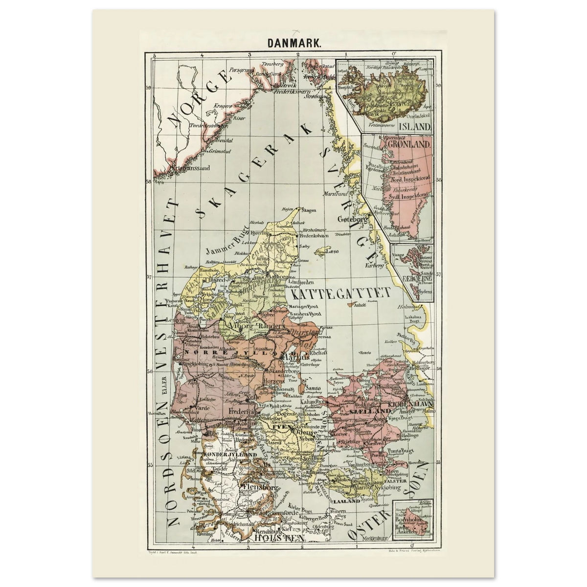 A4 Denmark map poster based on an 1878 school atlas map, including Greenland, the Faroe Islands, Iceland and Bornholm.