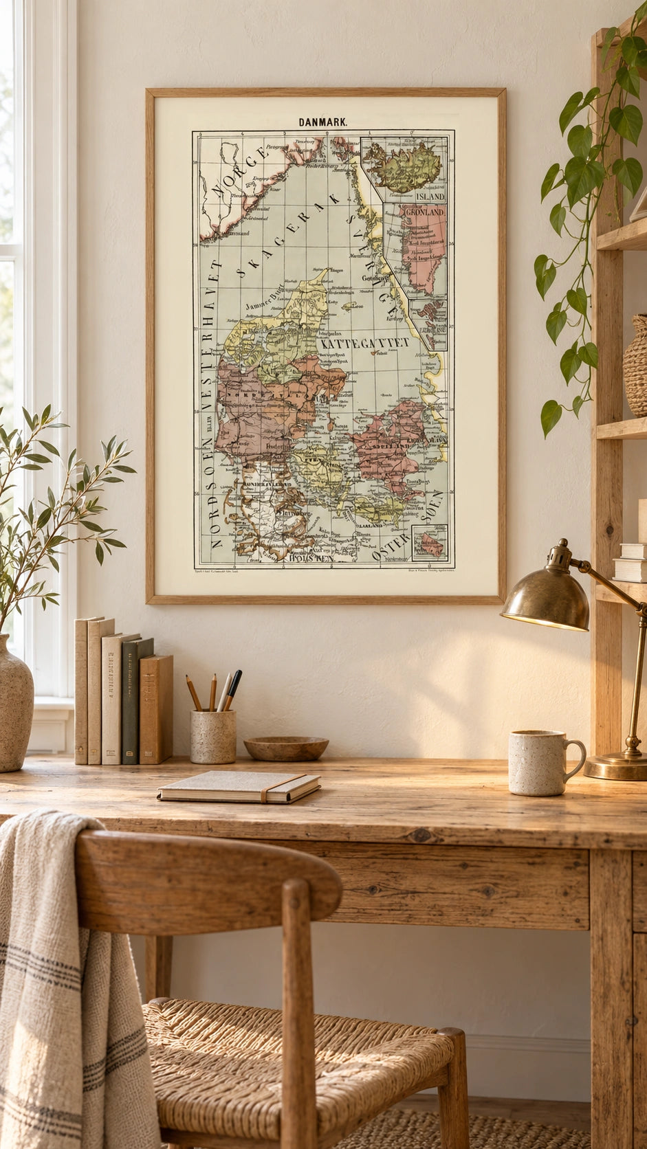 Denmark map poster from 1878 with Greenland, the Faroe Islands and Iceland displayed on a light wall above books and white ceramics, beside a green plant.