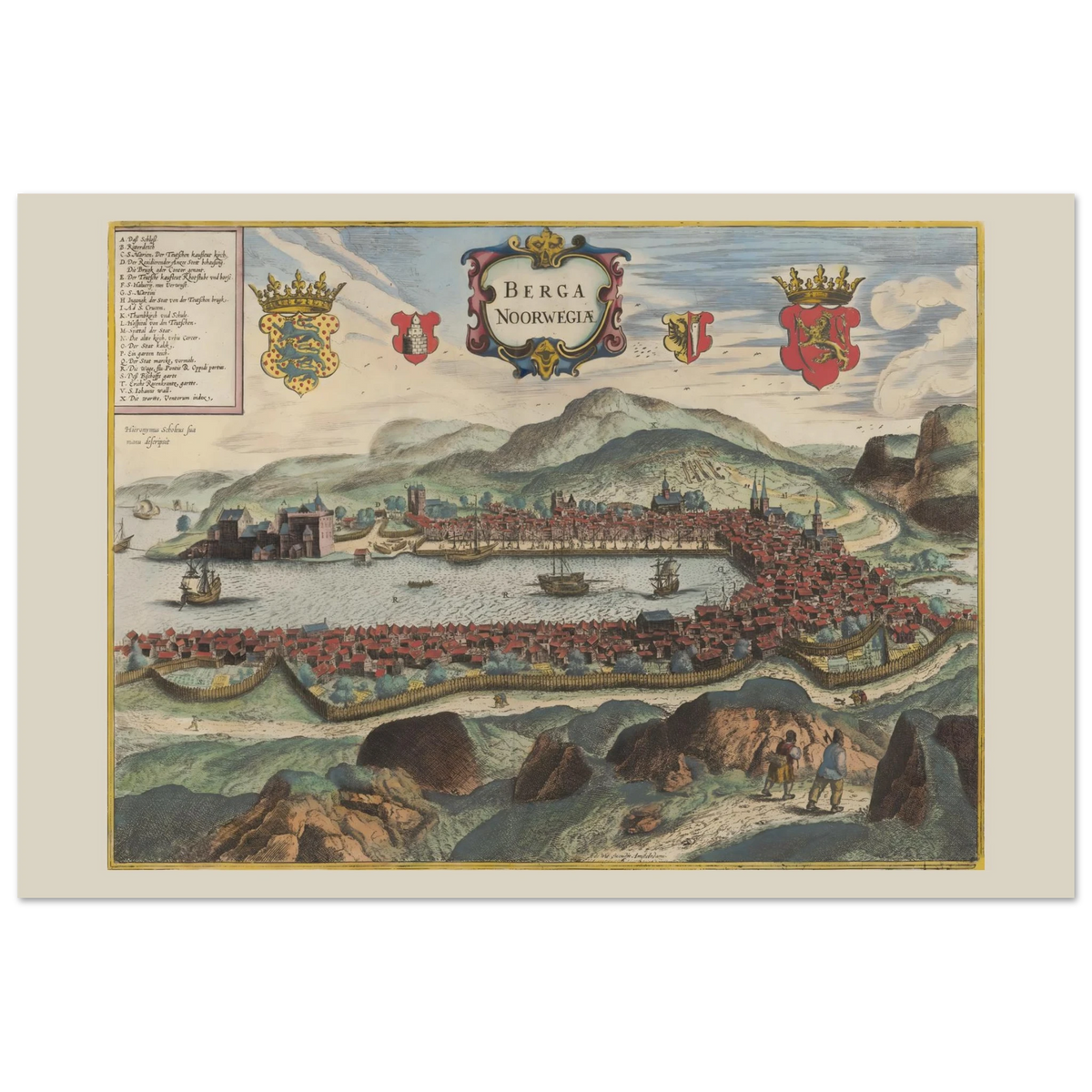 Historisk byprospekt af Bergen fra Civitates orbis terrarum-traditionen med byen omkring havnen.