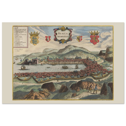 Historisk byprospekt af Bergen fra Civitates orbis terrarum-traditionen med byen omkring havnen.