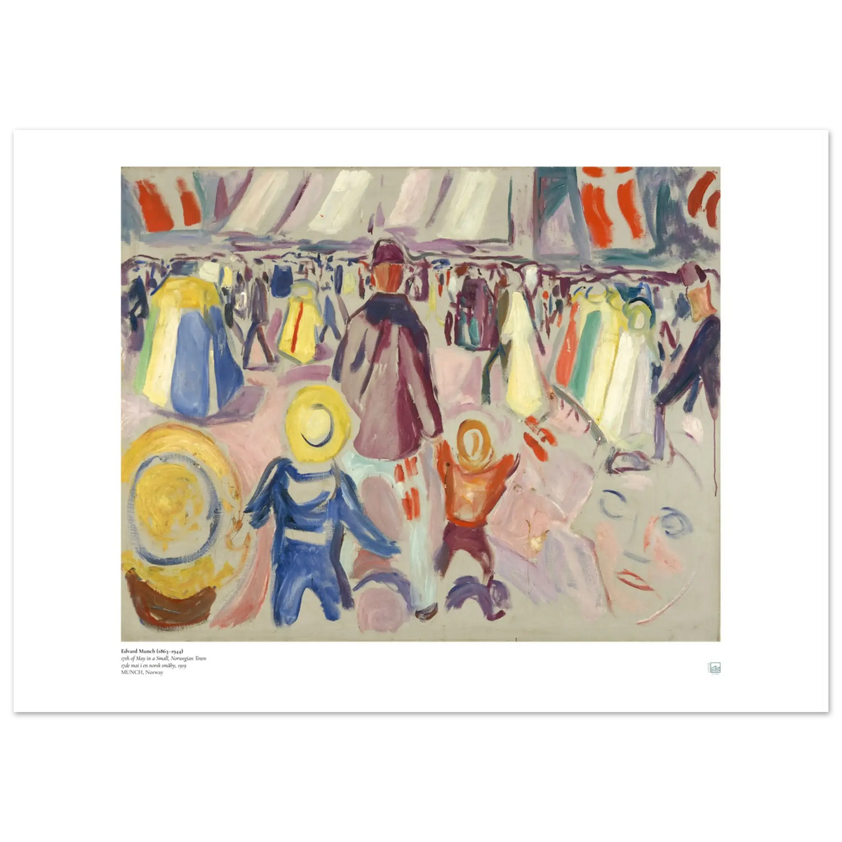 Fargerik kunstplakat med norsk byfest av Edvard Munch