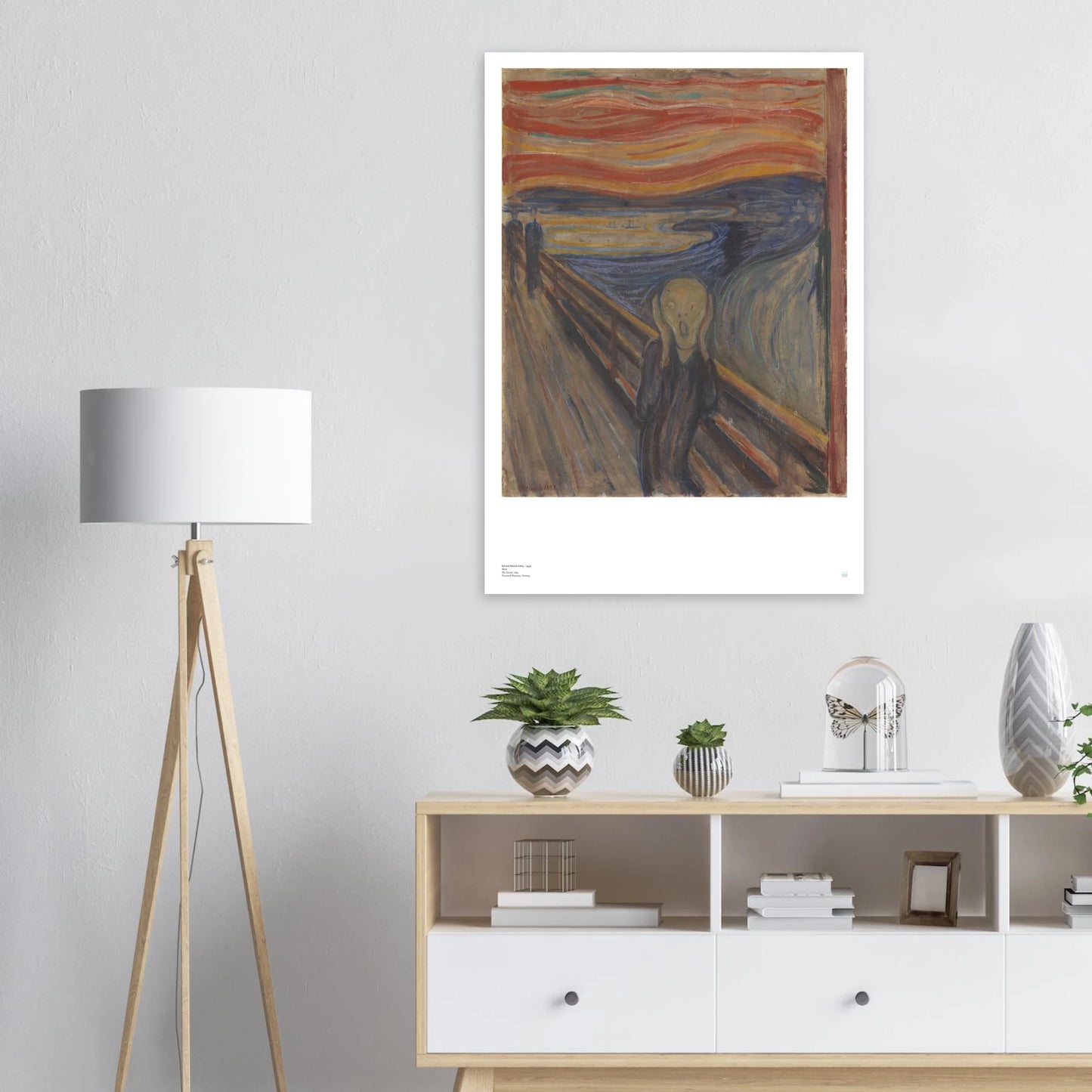 Edvard Munch, ‘The Scream’ (1893, painted) — Norwegian poster with fiery sky, swirling landscape, and iconic anguished figure on wall.