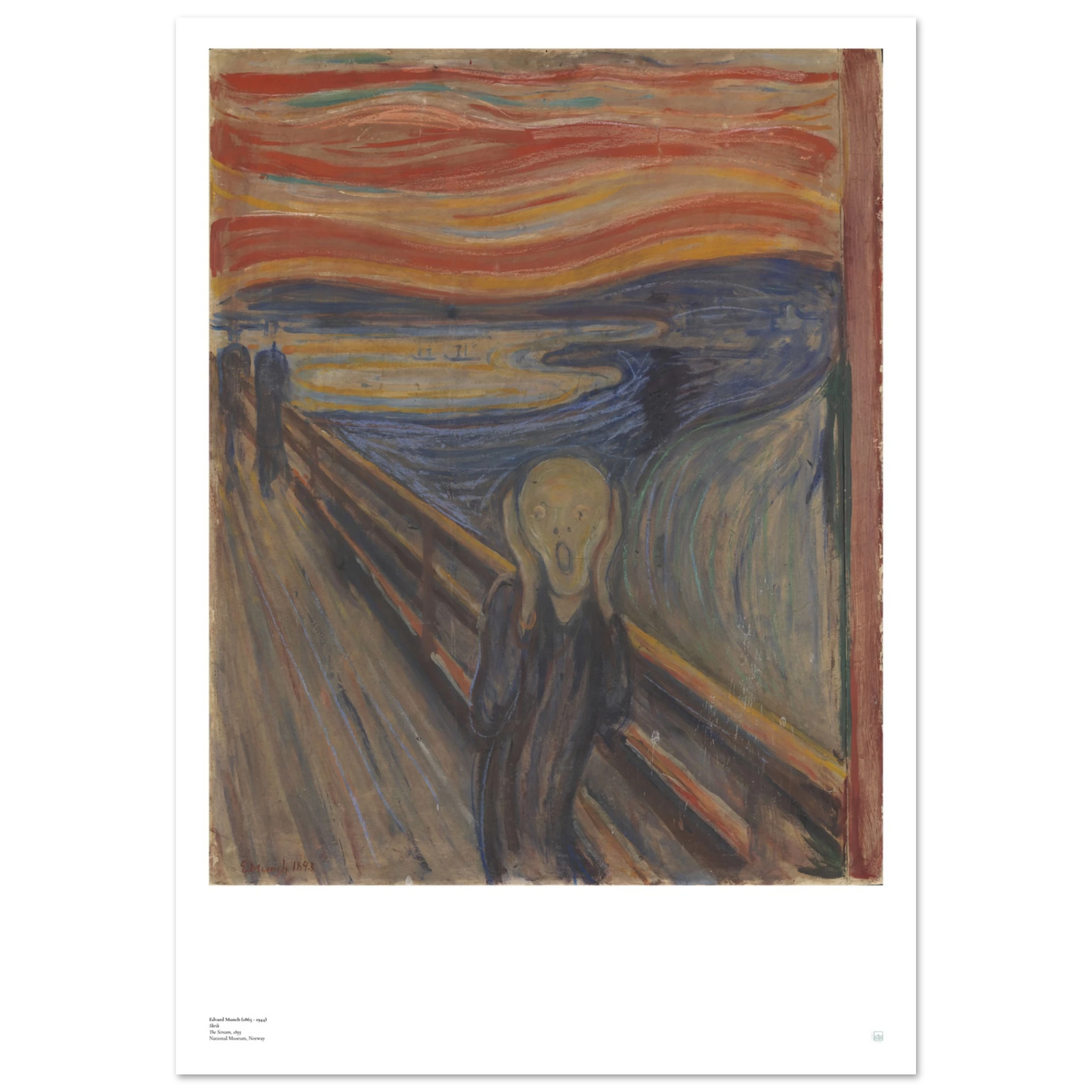 Edvard Munch, ‘The Scream’ (1893, painted) — Norwegian poster with fiery sky, swirling landscape, and iconic anguished figure.