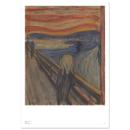 Edvard Munch, ‘The Scream’ (1893, painted) — Norwegian poster with fiery sky, swirling landscape, and iconic anguished figure.
