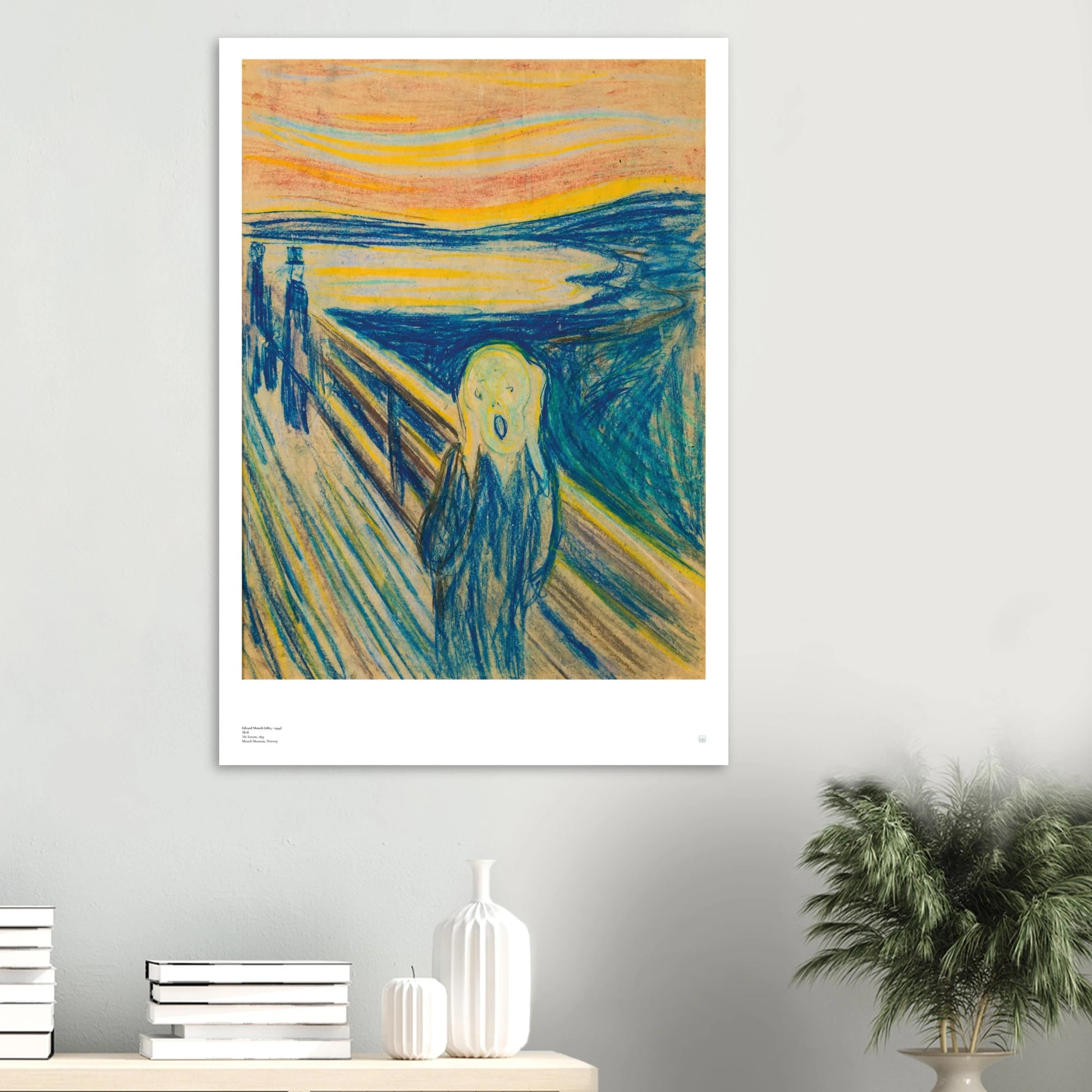Edvard Munch, ‘The Scream’ (1893, pastel) — Norwegian poster with textured pastel strokes, sharp bridge lines, and anguished figure on wall.