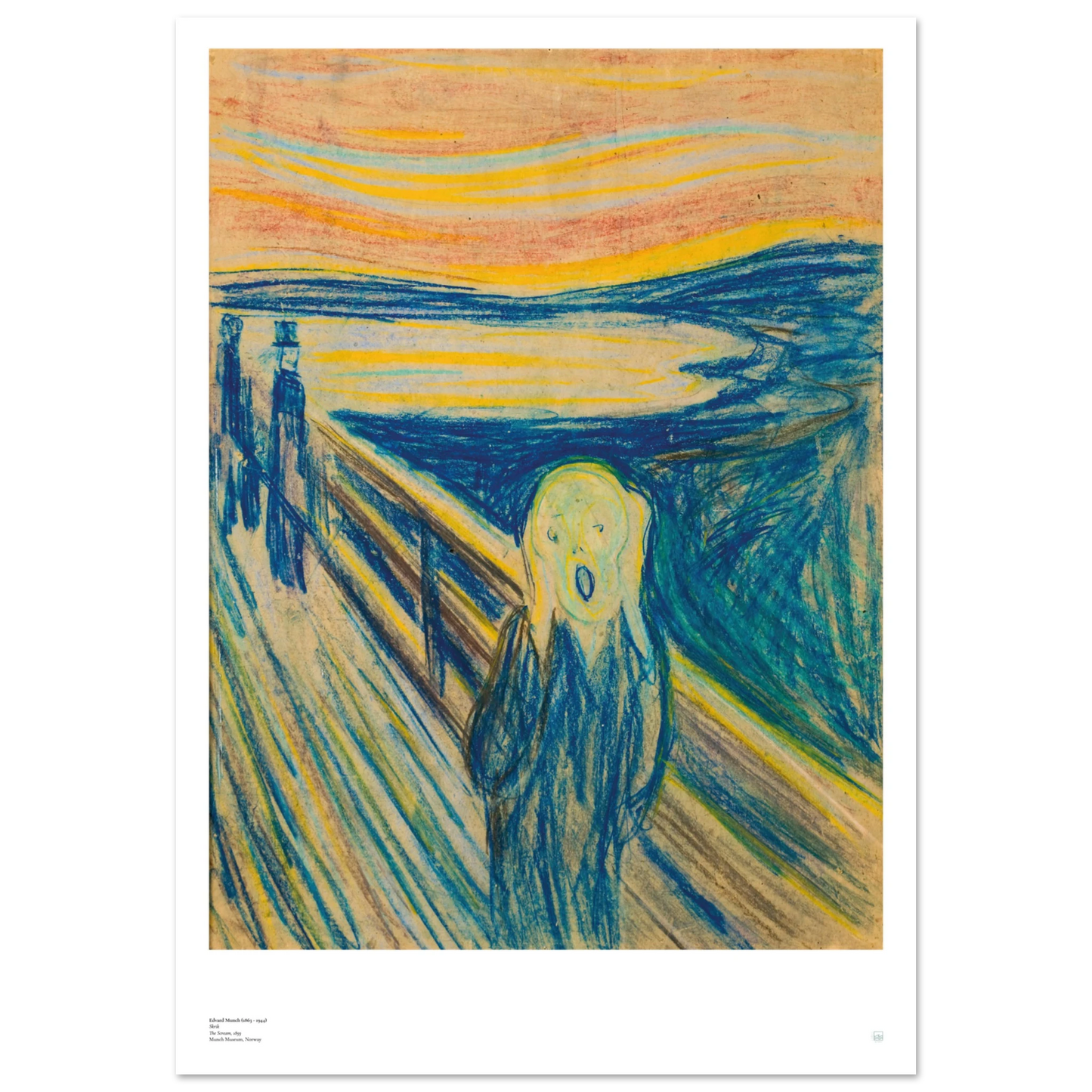 Edvard Munch, ‘The Scream’ (1893, pastel) — Norwegian poster with textured pastel strokes, sharp bridge lines, and anguished figure.