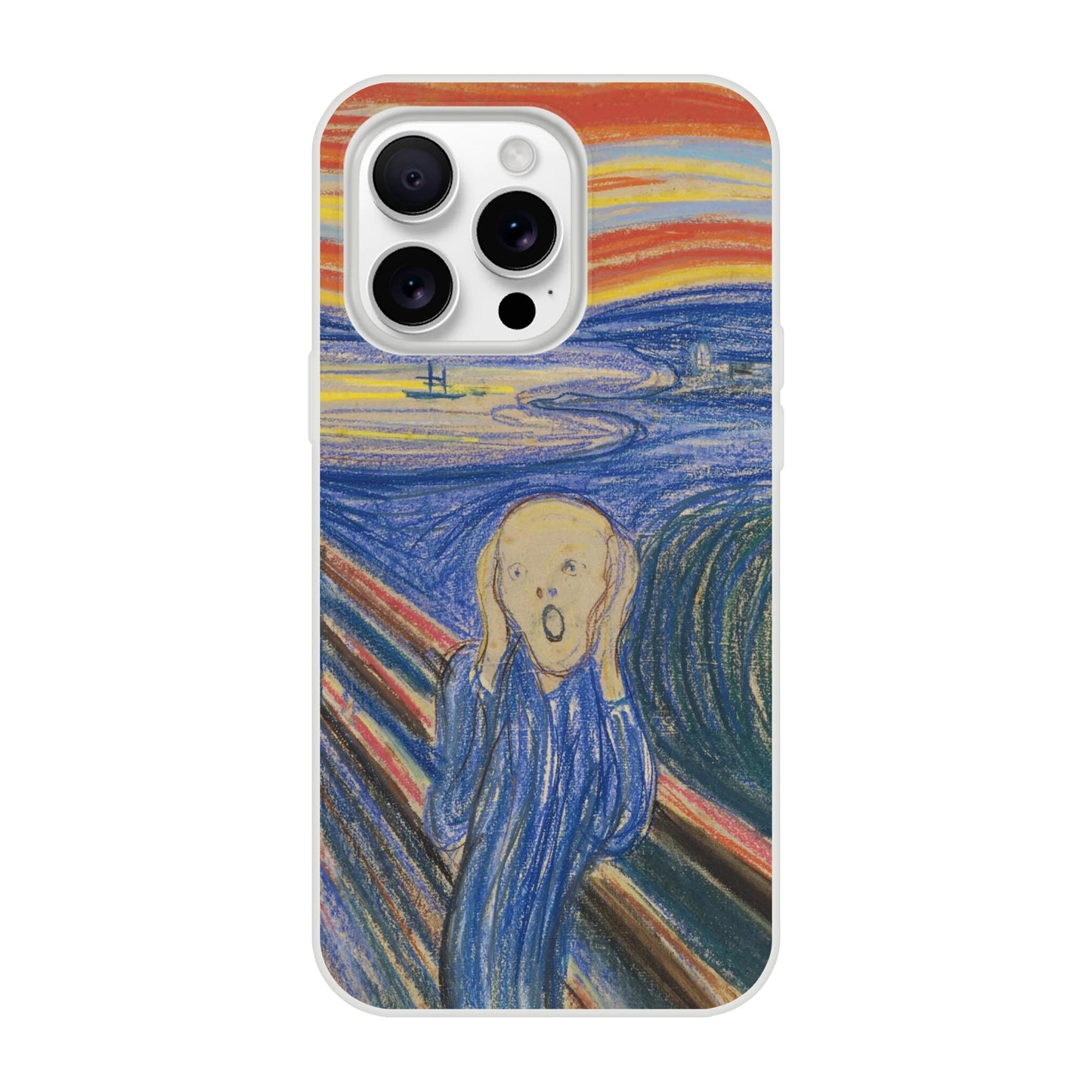 Edvard Munch, ‘The Scream’ (1895, pastel) — frosted Flexi TPU iPhone case with bold graphic lines and saturated sky.