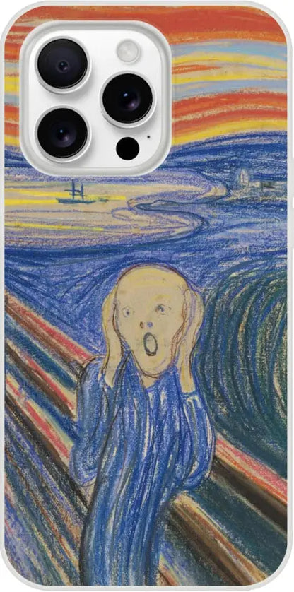 Edvard Munch, ‘The Scream’ (1895, pastel) — frosted Flexi TPU iPhone case with bold graphic lines and saturated sky.