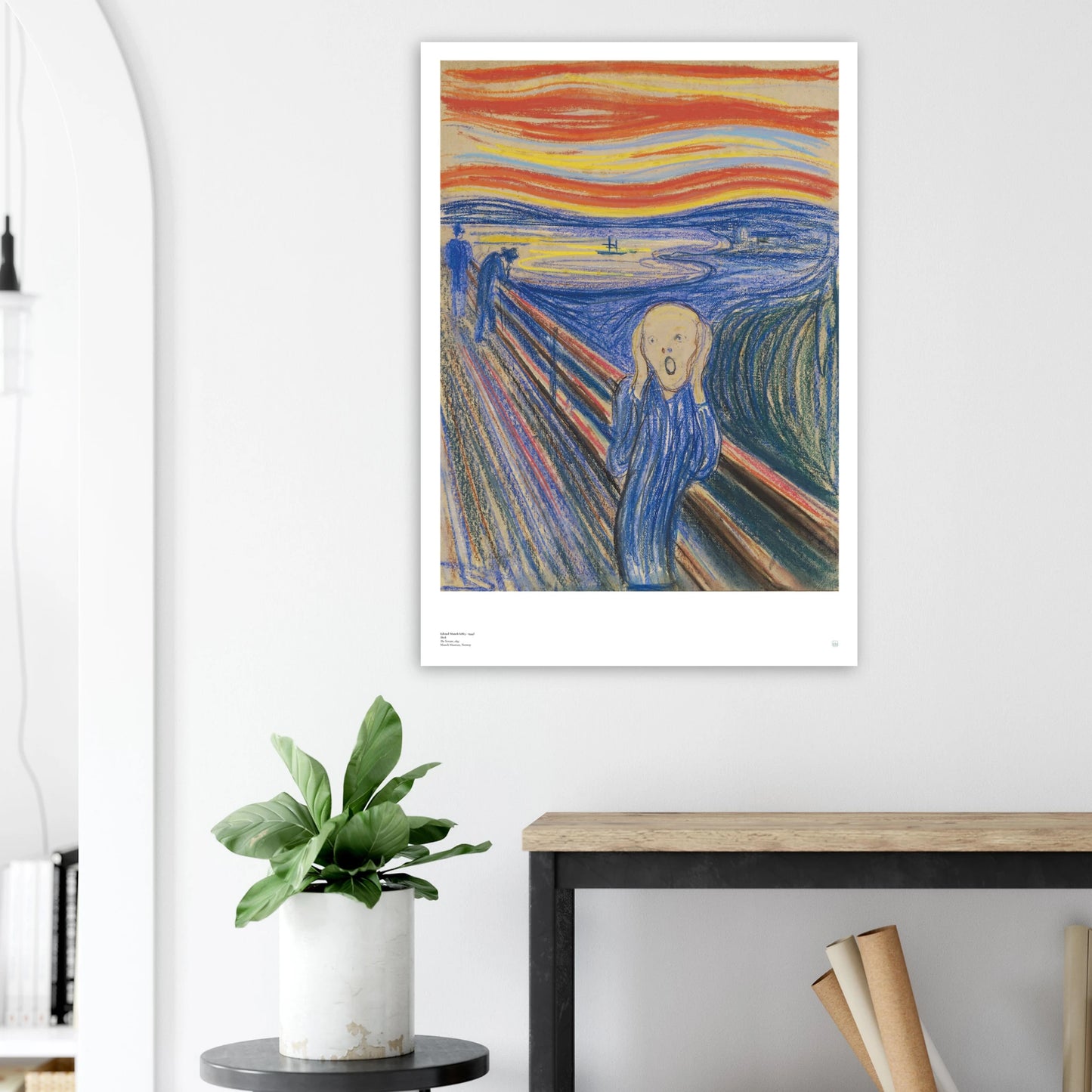 Edvard Munch, ‘The Scream’ (1895, pastel) — Norwegian poster with sharp graphic contours, saturated sky bands, and iconic central figure on wall.