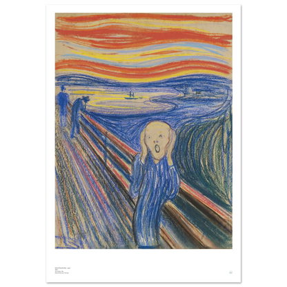 Edvard Munch, ‘The Scream’ (1895, pastel) — Norwegian poster with sharp graphic contours, saturated sky bands, and iconic central figure.