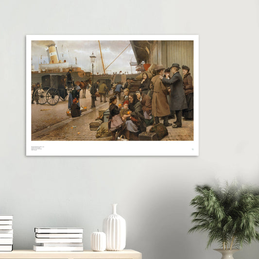 Edvard Petersen, ‘Emigrants at Larsens Plads’ (1890) — Danish history poster with Copenhagen harbor scene, families, luggage, and departing ships on wall.