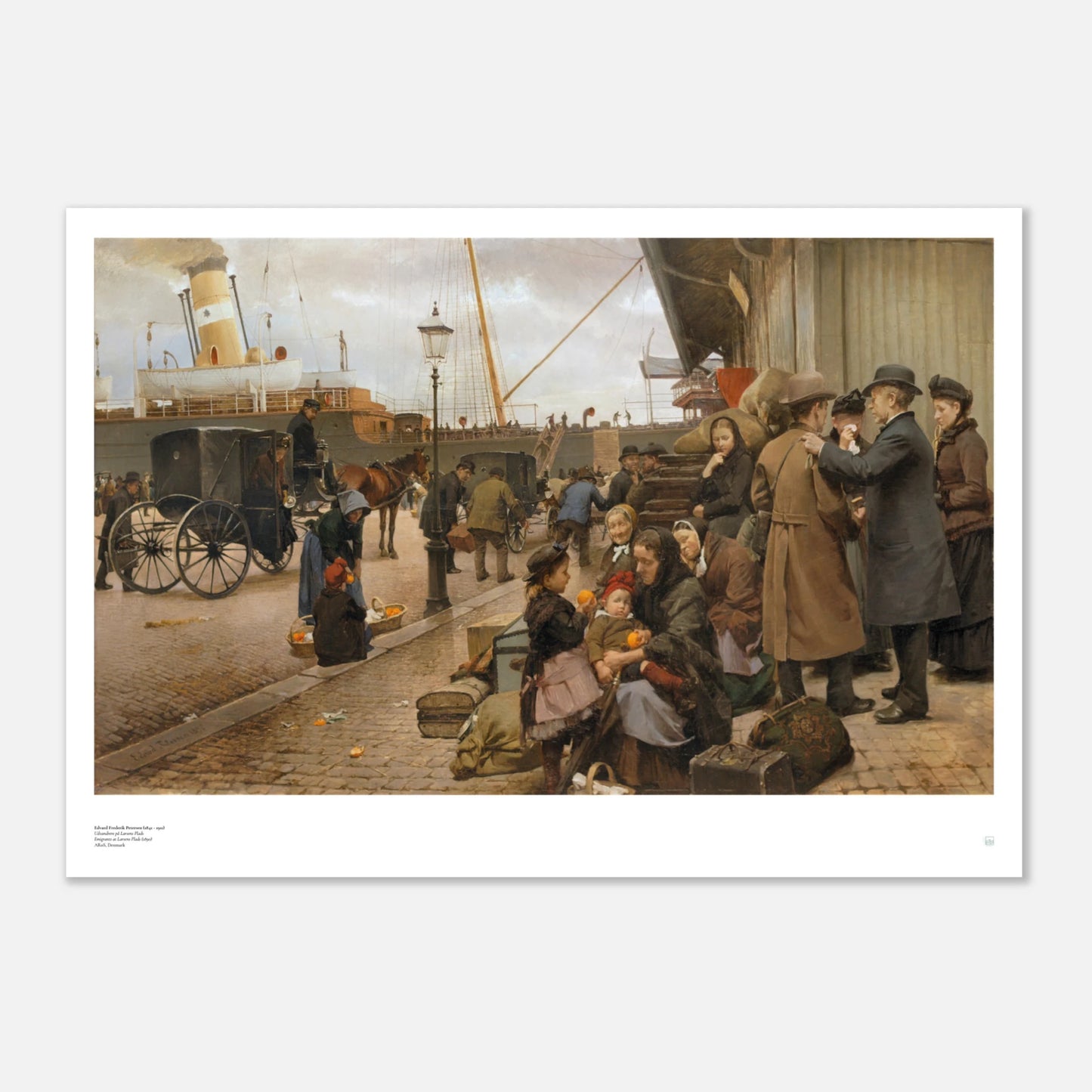 Edvard Petersen, ‘Emigrants at Larsens Plads’ (1890) — Danish history poster with Copenhagen harbor scene, families, luggage, and departing ships.