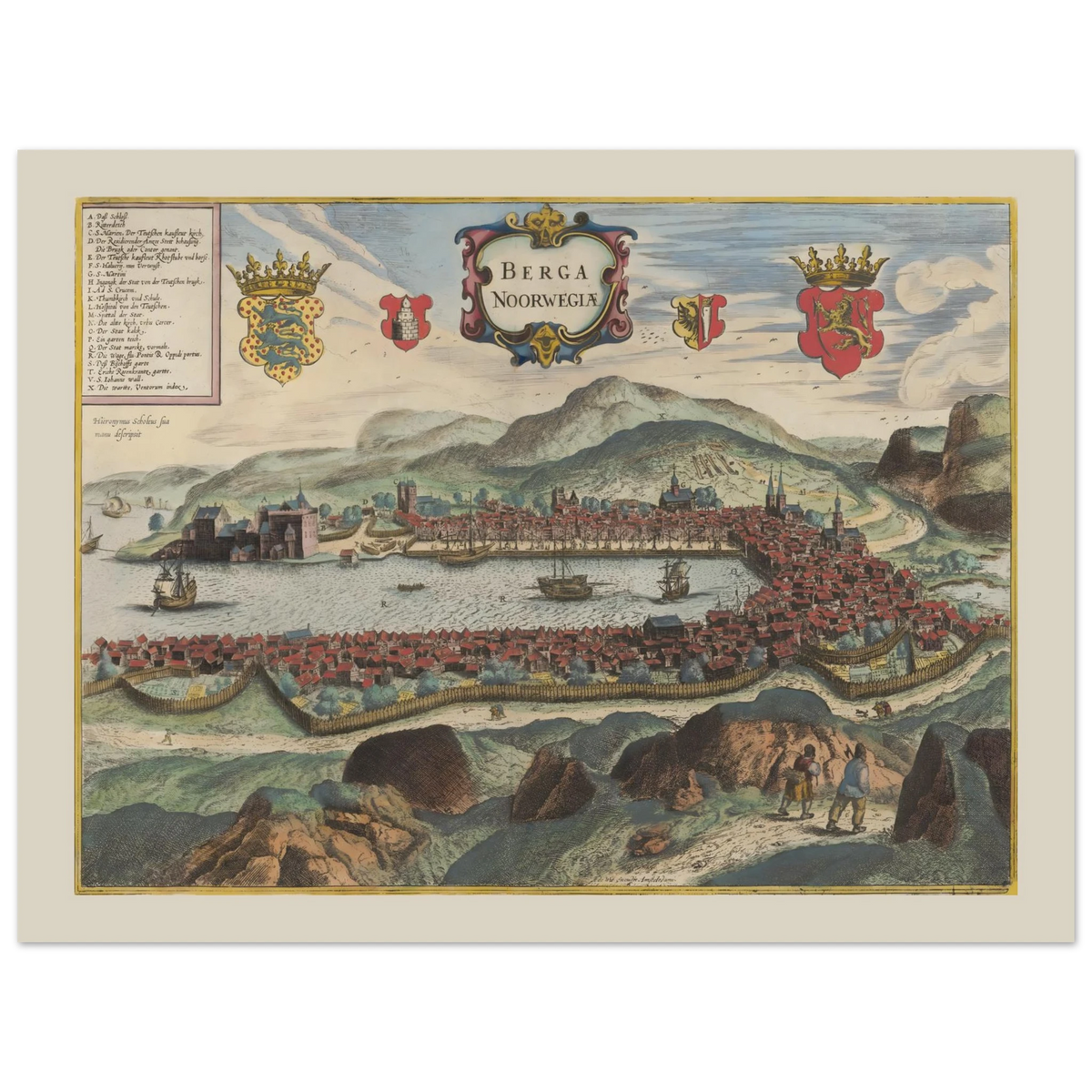 Historisk byprospekt af Bergen fra Civitates orbis terrarum-traditionen med byen omkring havnen.