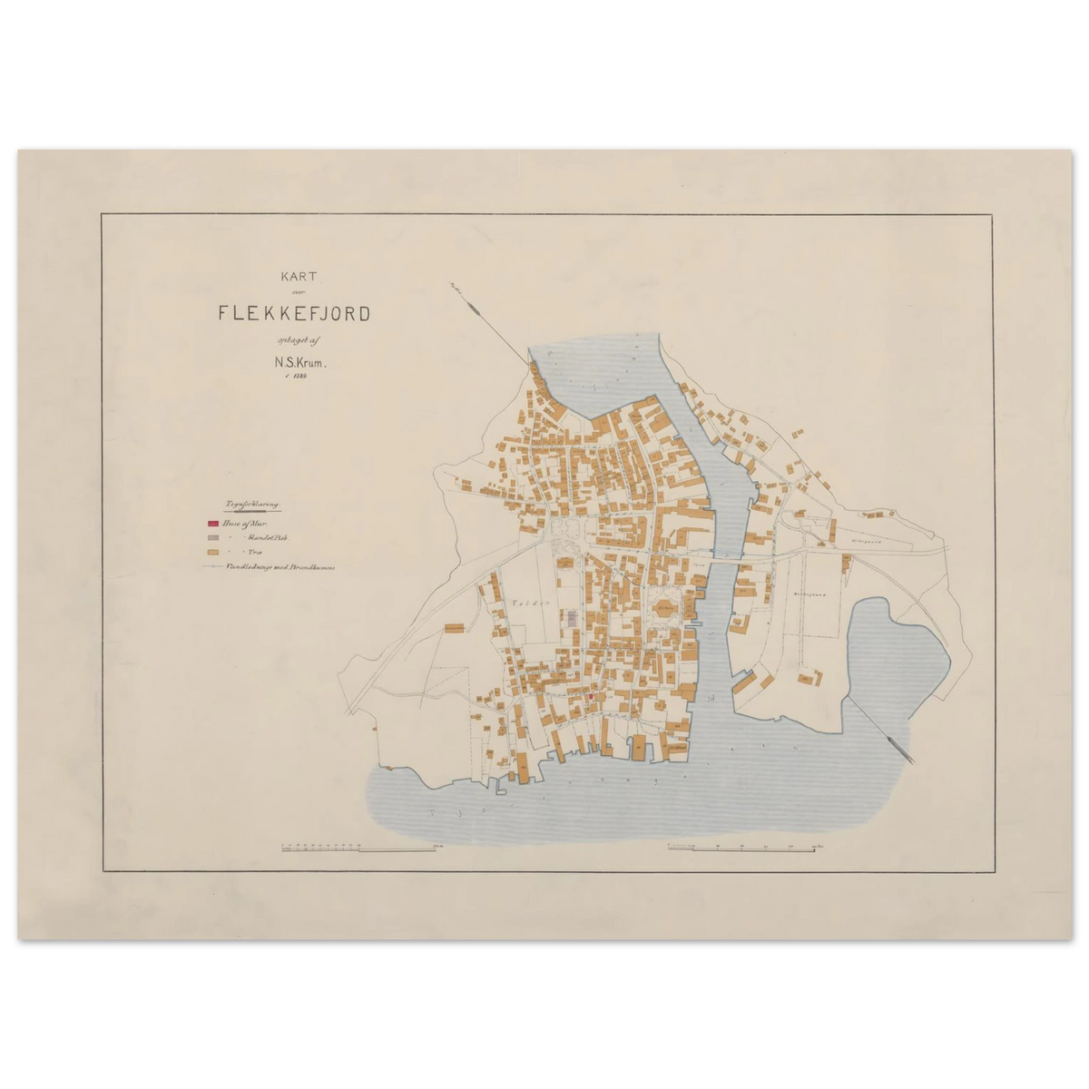 Flekkefjord map print by N.S. Krum, 1889, with ochre buildings, pale blue water and a colour key on a cream background.