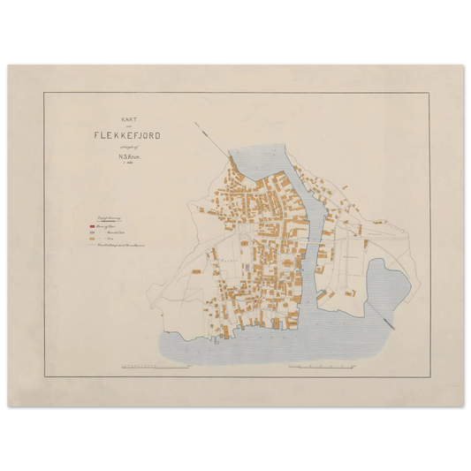 Flekkefjord map print by N.S. Krum, 1889, with ochre buildings, pale blue water and a colour key on a cream background.
