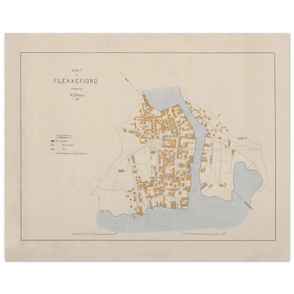Landscape reproduction of Kart over Flekkefjord, 1889, showing coloured buildings on both sides of the central waterway.