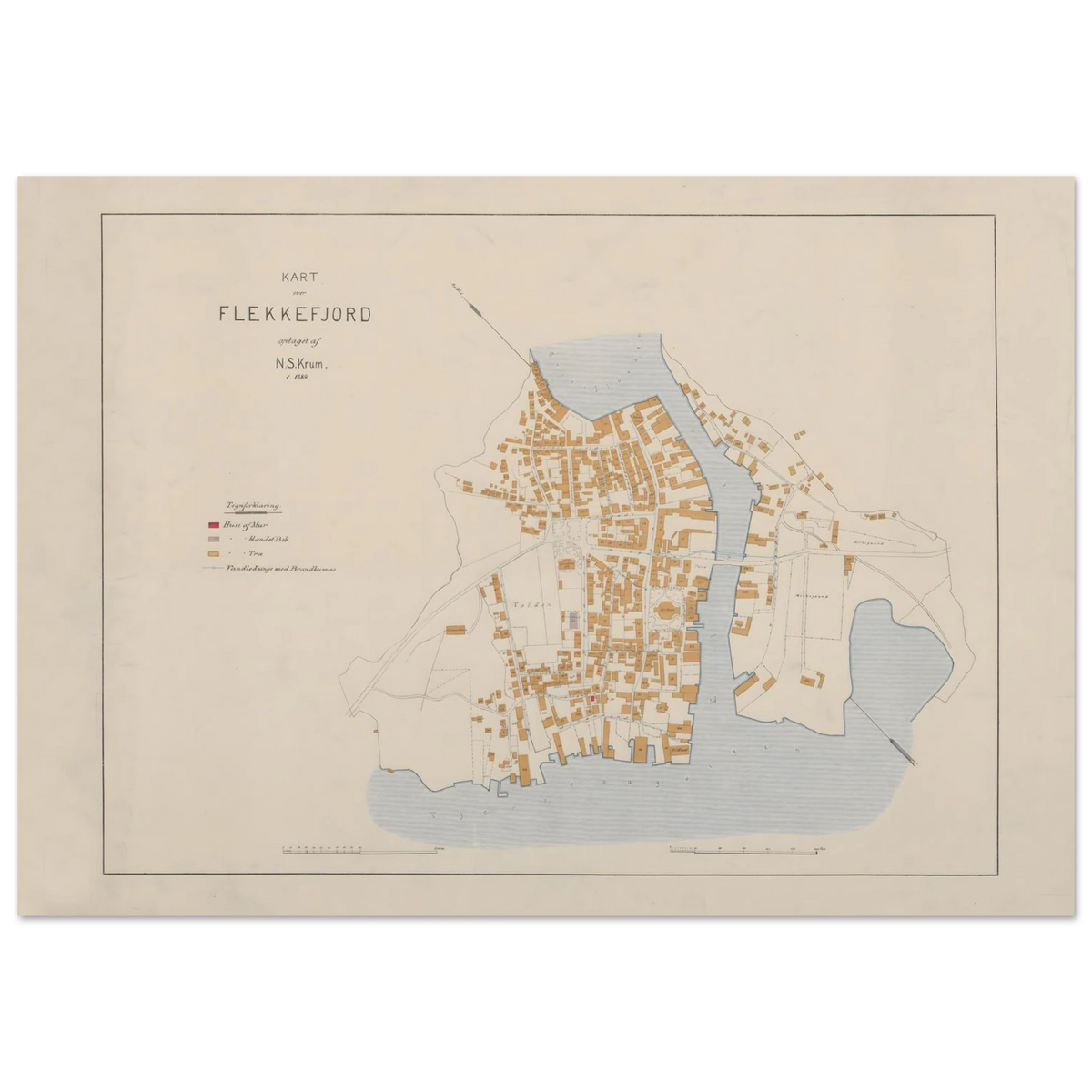 Flekkefjord town map poster with N.S. Krum's title at upper left, a building-material key and pale blue waterfront.