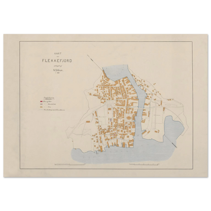 Flekkefjord town map poster with N.S. Krum's title at upper left, a building-material key and pale blue waterfront.