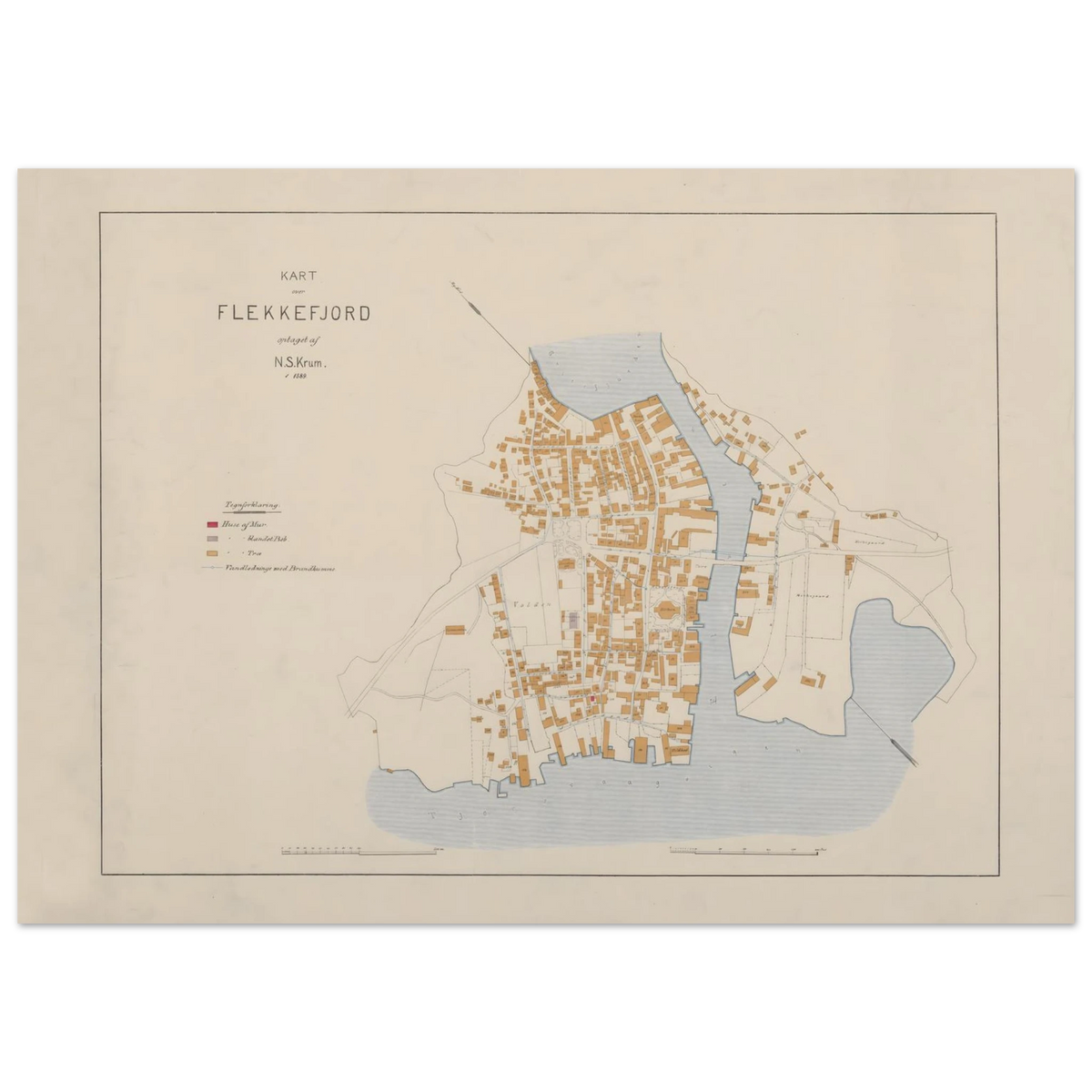 Historical Flekkefjord map print from 1889, with streets, bridges, ochre building footprints and a fine rectangular border.