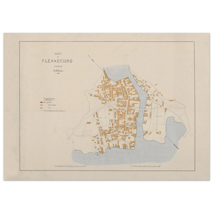 Historical Flekkefjord map print from 1889, with streets, bridges, ochre building footprints and a fine rectangular border.