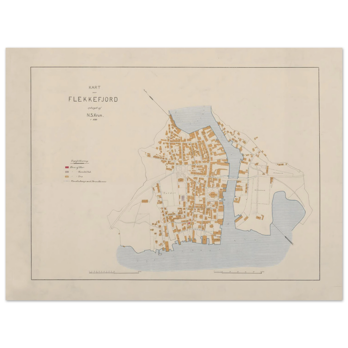 Full landscape view of the 1889 Flekkefjord map by N.S. Krum, including the cream margins, original key and scale bars.