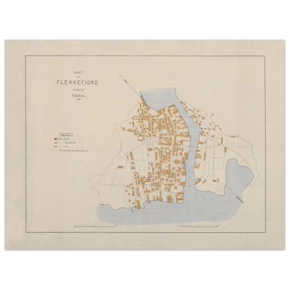 Full landscape view of the 1889 Flekkefjord map by N.S. Krum, including the cream margins, original key and scale bars.