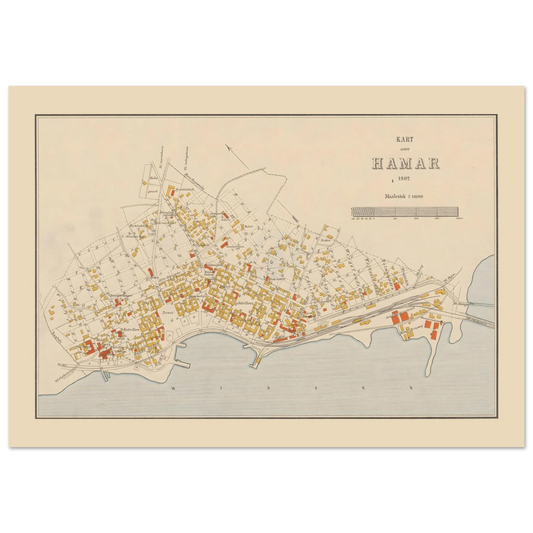 Hamar map print from 1902 with cream background, yellow and red buildings, railway lines and the pale blue shoreline of Mjøsa.