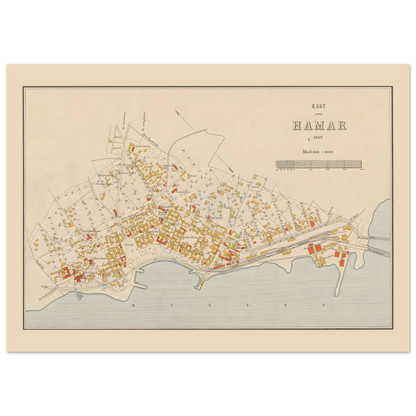 Horizontal reproduction of Kart over Hamar, 1902, showing the street grid, coloured buildings and waterfront within a cream border.
