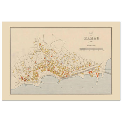 Hamar city map poster from 1902 with Norwegian place labels, a black outlined border and pale blue water along the lower edge.
