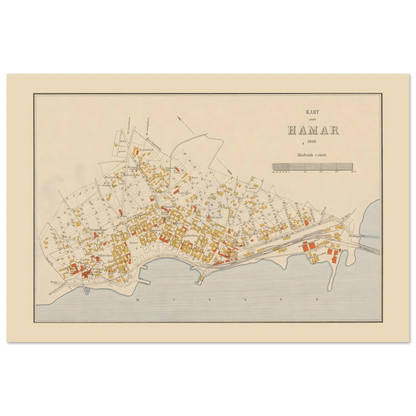 Landscape view of the 1902 Hamar map print, with the original title at upper right and coloured buildings beside the railway.