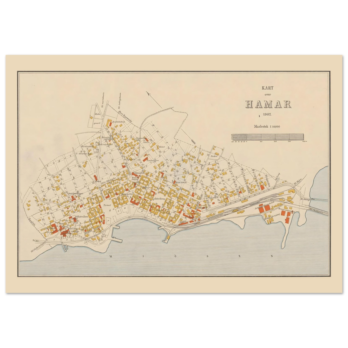 Hamar map poster showing the complete 1902 city plan, its cream margin, fine street markings and Mjøsa shoreline.