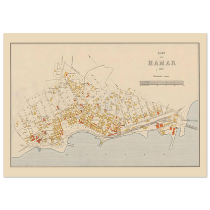 Hamar map poster showing the complete 1902 city plan, its cream margin, fine street markings and Mjøsa shoreline.