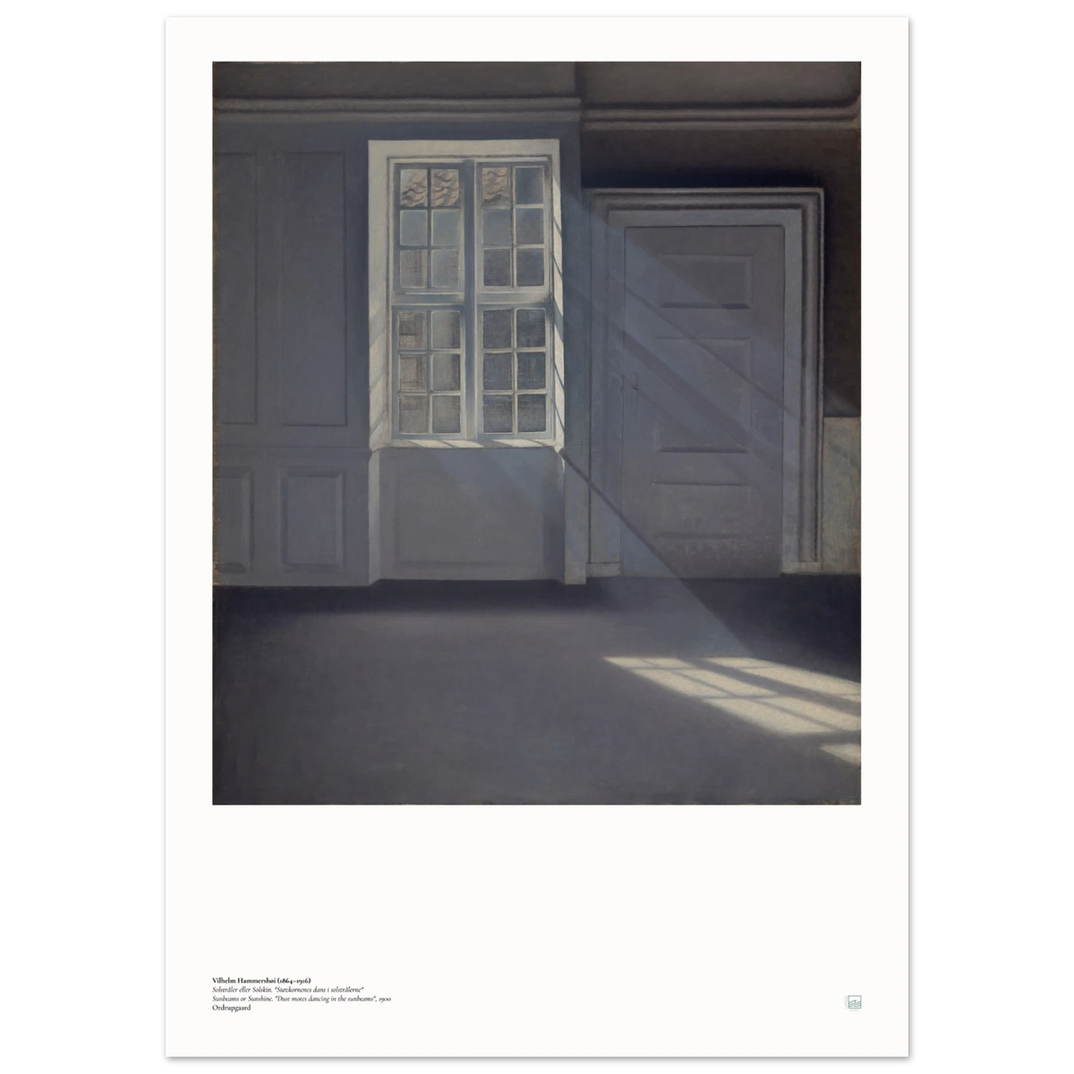 Dust Motes Dancing in Sunbeams by Vilhelm Hammershøi, with sunlight streaming through a window into an empty room.
