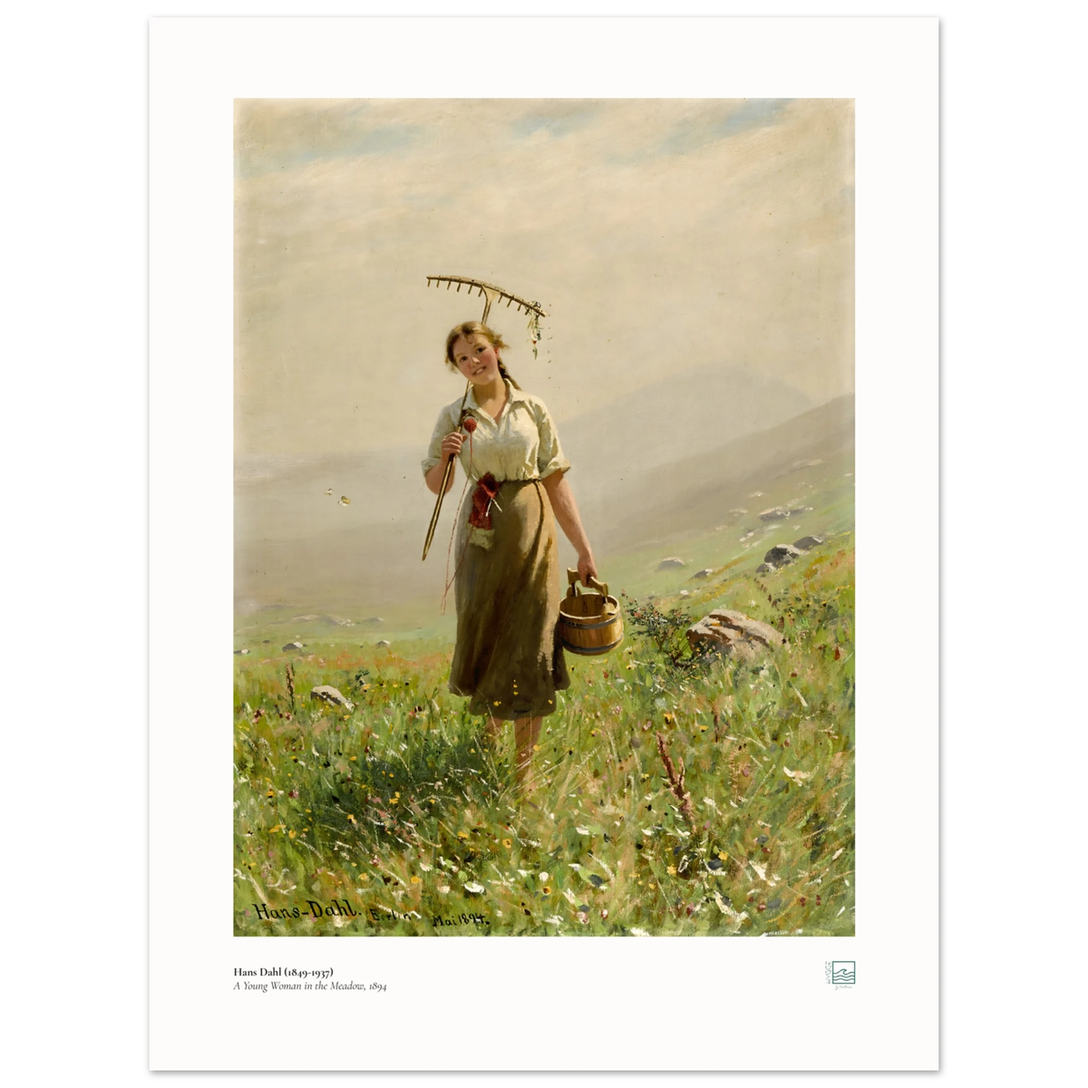 Hans Dahl’s A Young Woman in the Meadow (1894), 30 × 40 cm poster with white border, showing a woman with rake and wooden pail among wildflowers.