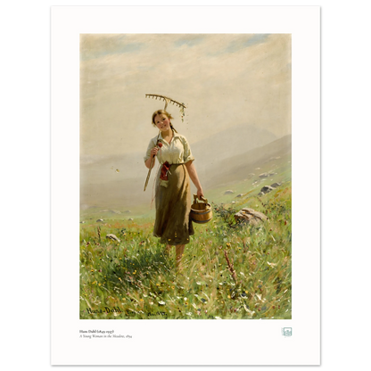 Hans Dahl’s A Young Woman in the Meadow (1894), 30 × 40 cm poster with white border, showing a woman with rake and wooden pail among wildflowers.