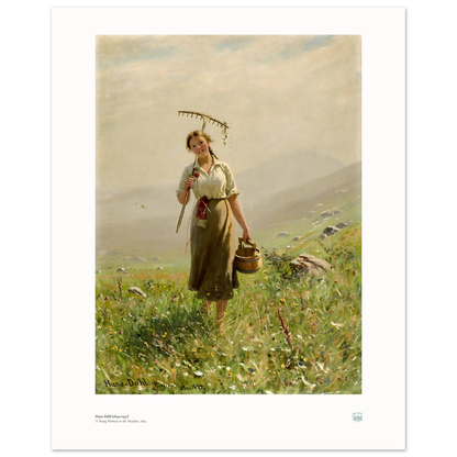 Hans Dahl’s A Young Woman in the Meadow (1894), 40 × 50 cm poster with white border, showing a woman with rake and wooden pail among wildflowers.