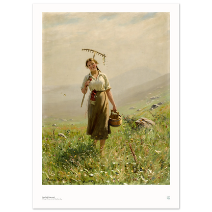 Hans Dahl’s A Young Woman in the Meadow (1894), 50 × 70 cm poster with white border, showing a woman with rake and wooden pail among wildflowers.