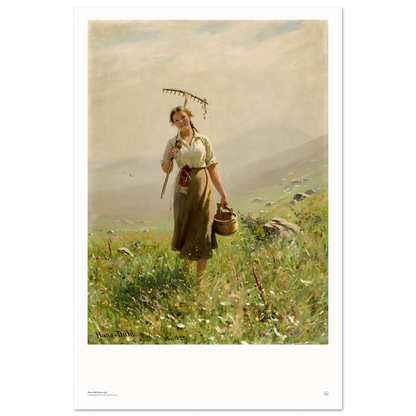 Hans Dahl’s A Young Woman in the Meadow (1894), 60 × 90 cm poster with white border, showing a woman with rake and wooden pail among wildflowers.
