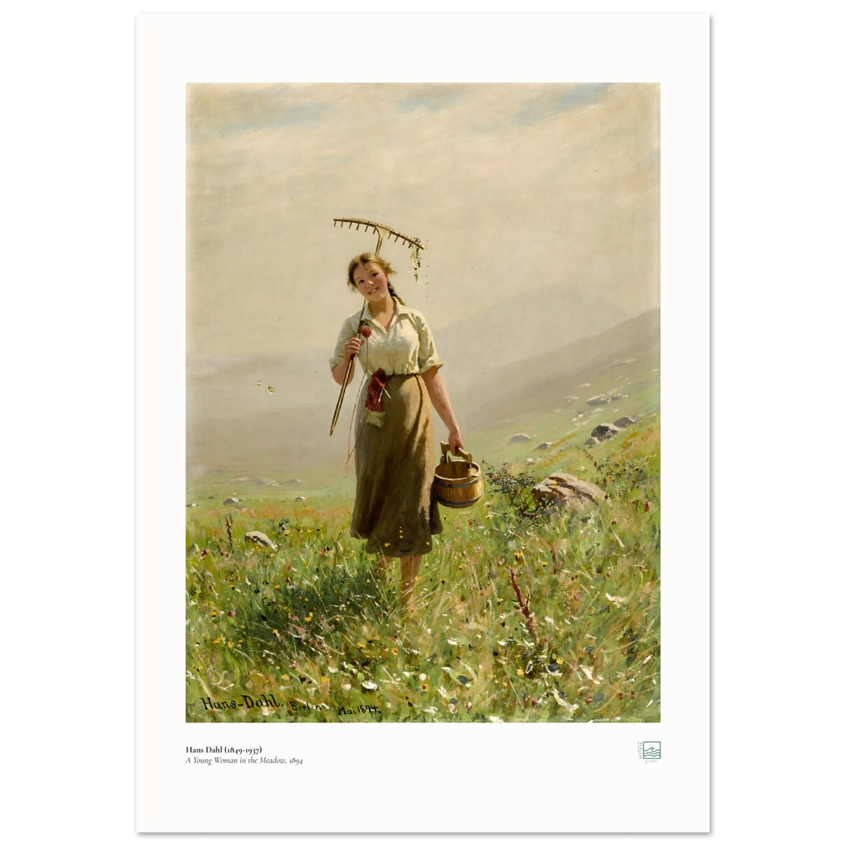 Hans Dahl’s A Young Woman in the Meadow (1894), 70 × 100 cm poster with white border, showing a woman with rake and wooden pail among wildflowers.