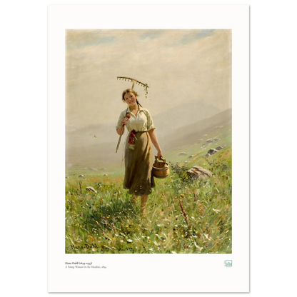 Hans Dahl’s A Young Woman in the Meadow (1894), 70 × 100 cm poster with white border, showing a woman with rake and wooden pail among wildflowers.