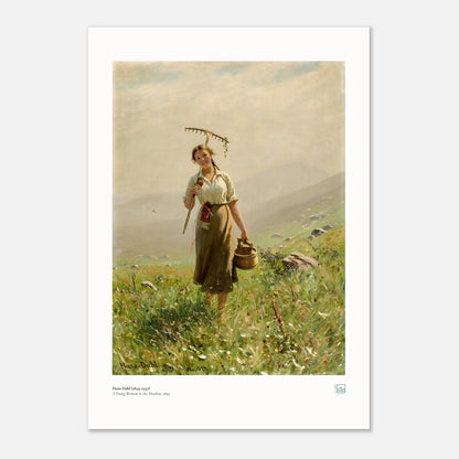 Preview of Hans Dahl’s A Young Woman in the Meadow (1894) poster with white border and printed caption on a light background.